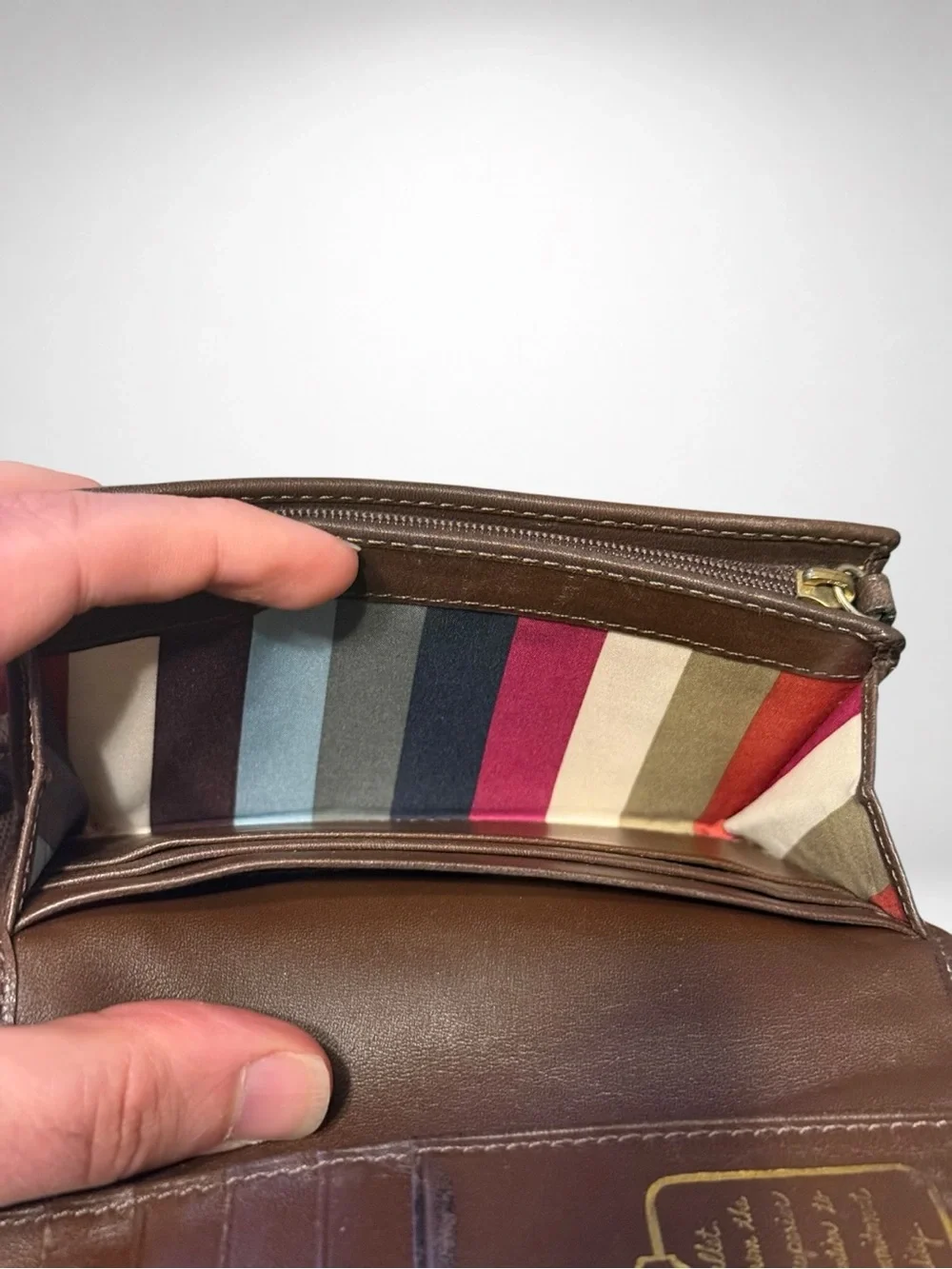 COACH Poppy Legacy Stripe Signature Bifold Wallet Khaki Brown Jacquard